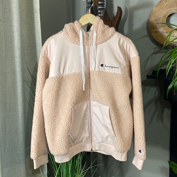 Champion Jackets & Blazers - Champion large pink fuzzy zip up jacket